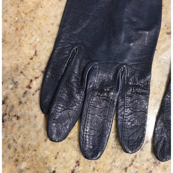 Vintage Womens Size S Blue Leather Formal 7" Short Gloves Pearly Button - Picture 2 of 14